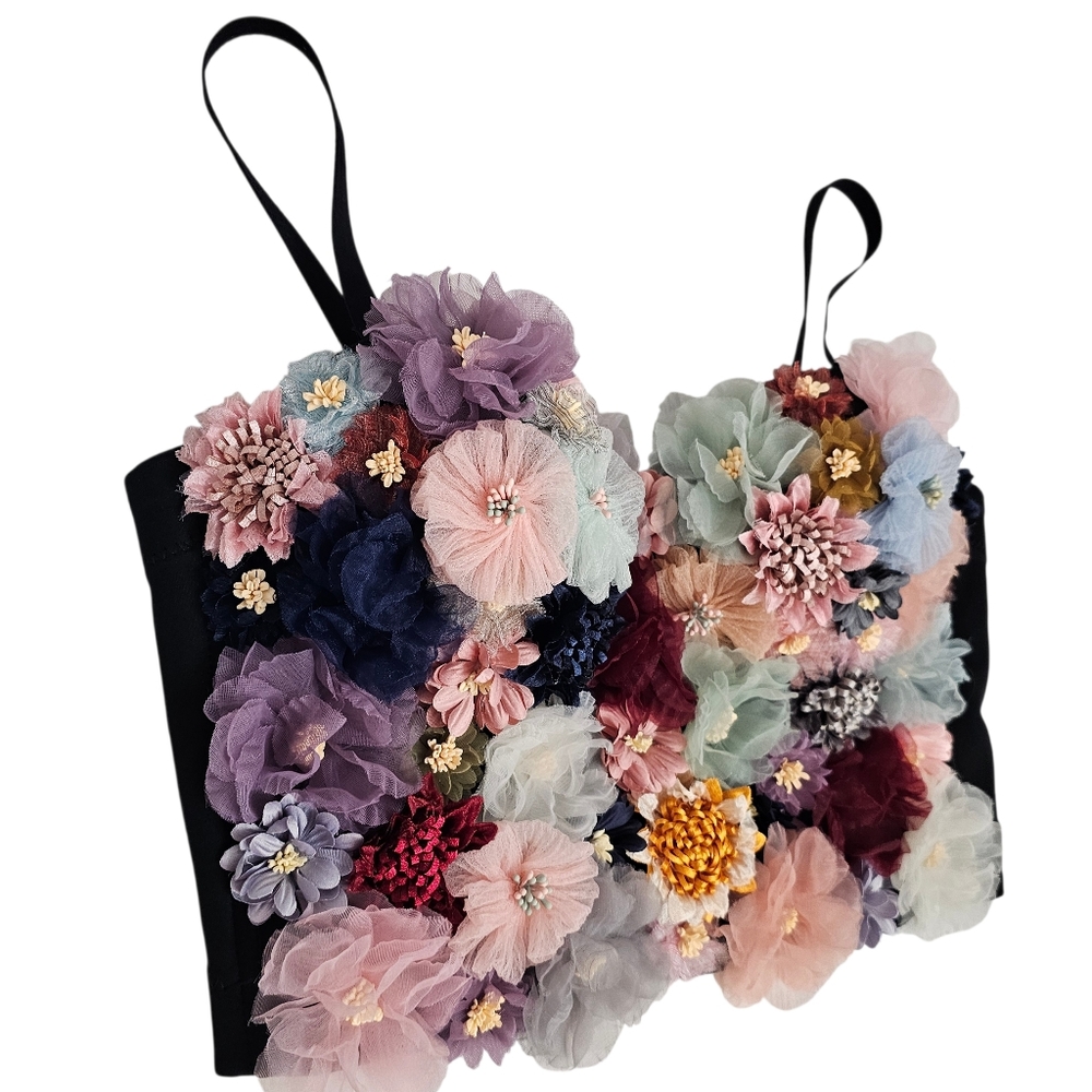 Nwot 3D Multicolor Silk Garden Floral Bustier/Black Bra Crop Top